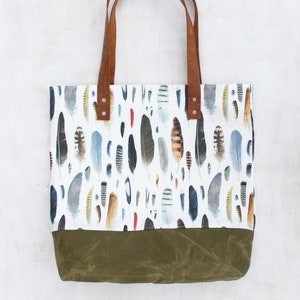 Canvas Tote Bag, Feathers Pattern Handmade Bag