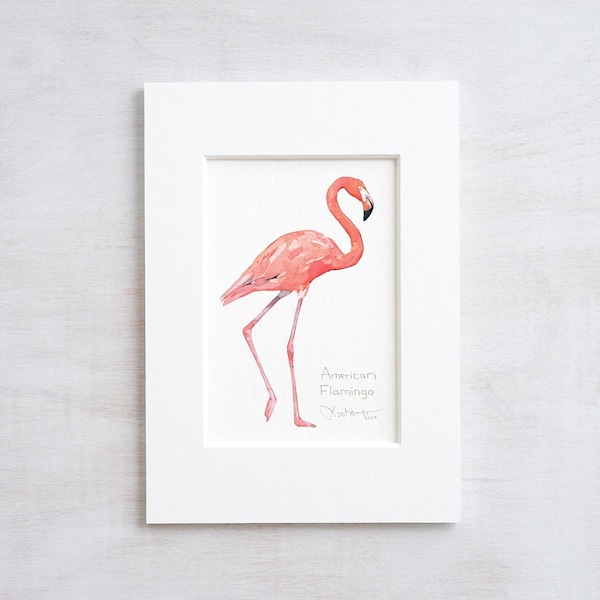 Flamingo Miniature Art Print Tropical Coastal Bird Watercolor Painting