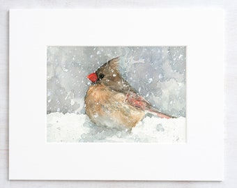 Female Cardinal Watercolor Art Print Bird In Snow Painting Backyard Birds