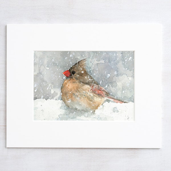 Female Cardinal Watercolor Art Print Bird In Snow Painting Backyard Birds