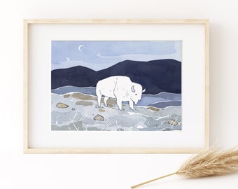 Impression aquarelle de bisons blancs Illustration d'animaux de l'ouest américain Art mural pour chambre d'enfants