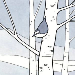 Nuthatch and Aspens Winter Illustration Print Kids Wall Art image 2