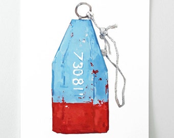 Lobster Buoy Watercolor Painting Blue and Red Nautical Print