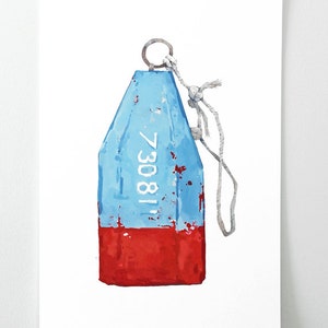 Lobster Buoy Watercolor Painting Blue and Red Nautical Print
