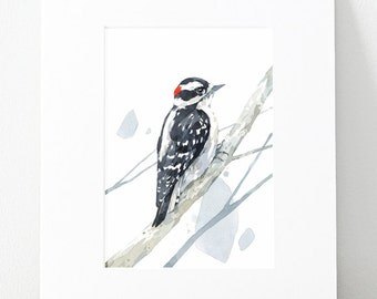 Downy Woodpecker Watercolor Print, Woodland Painting, Bird Watercolor 5x7