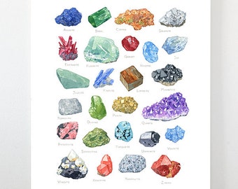 Minerals Watercolor Alphabet Art Print Gemstone Painting Crystal Poster Crystal Collector Gift Art