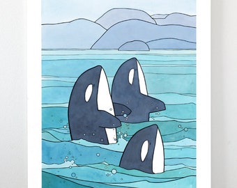 Orca Print Killer Whales Illustration Pacific Northwest Coastal Nursery Art