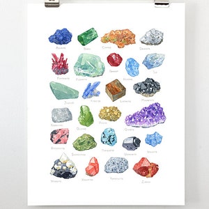 Minerals Watercolor Alphabet Art Print Gemstone Painting Crystal Poster Crystal Collector Gift Art