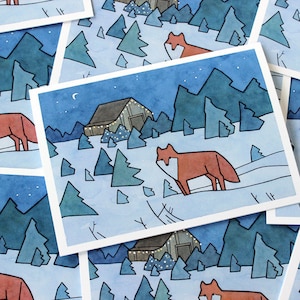 Ensemble de cartes de vœux illustrées de sapins de Noël de cartes de Noël de renard roux