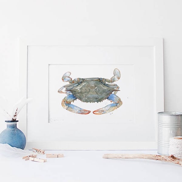 Blue Crab Watercolor Art Print Coastal Decor Crab Wall Art Beach House Art