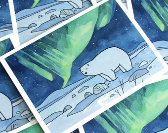 Polar Bear and Northern Lights Card Set Christmas Holiday Stationery