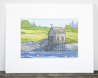 Maine Coast Landscape Print Vinalhaven Boathouse Drawing