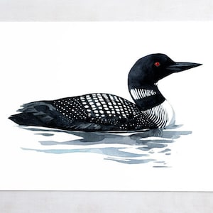 Impression d'art huard, peinture à l'aquarelle d'oiseau, art mural côtier, décoration de cabane