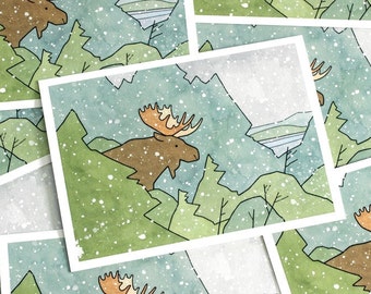 Moose Christmas Card Set Winter Nature Holiday Stationery Blank Notecard