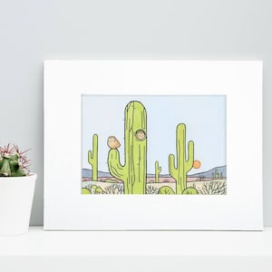 Owls and Saguaro Cactus Print Whimsical South West Desert Illustration Wall Art