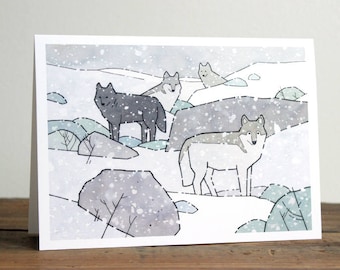 Wolf Pack Christmas Card, Winter Animal In Snow Holiday Stationery
