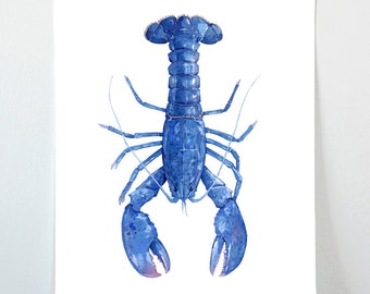 Blue Lobster Watercolor Print Nautical New England Wall Art