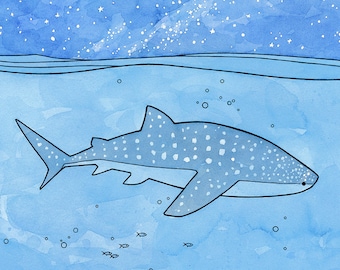 Whale Shark Ocean Watercolor Ink Illustration Print Kids Wall Art