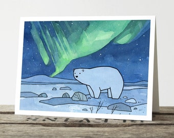 Polar Bear Northern Lights Christmas Card