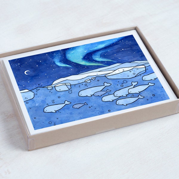 Belugas Arctic Northern Lights Holiday Card Set