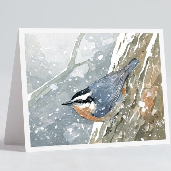 Nuthatch Bird in Snow Holiday Card Woodland Nature Christmas Notecard