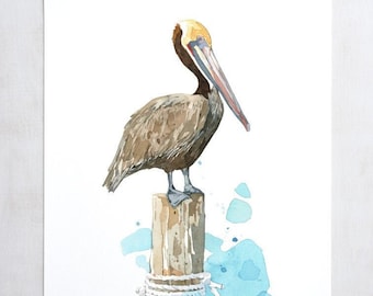 Pelican Watercolor Art Print Nautical Bird Painting Coastal Decor Beach Bum Gift Bird Lover