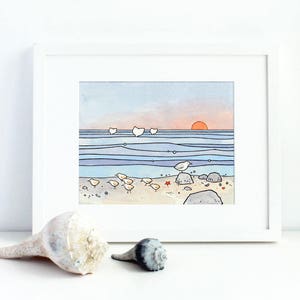 Beach Illustration Sandpipers and Whales Print Coastal Shore Art Illustration 8x10 (11x14 mat)