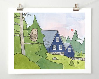 Owl and Cabin Print Woodland Bird Illustration Scandinavian Nursery Wall Art Dorm Art