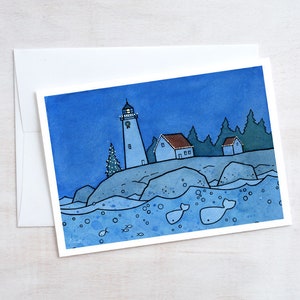Whale Christmas Card Whimsical Nautical Lighthouse Holiday Card image 1