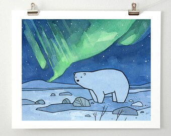 Polar Bear and Northern Lights Art Print, arctic nursery, cute animal illustration