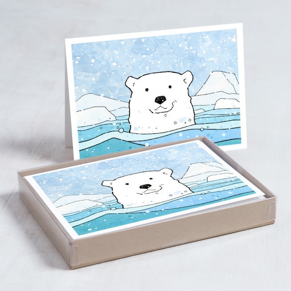 Juego de tarjetas navideñas de oso polar, 10 tarjetas ilustradas, papelería de animales de invierno, tarjetas navideñas