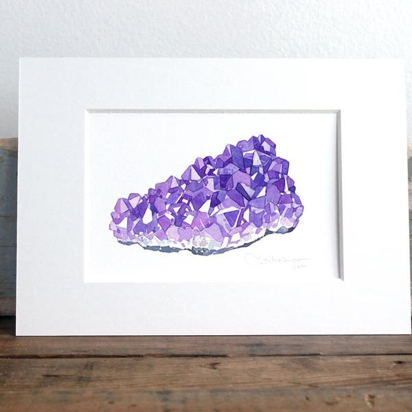 Amethyst Watercolor Print Crystal Wall Decor Mineral Painting Crystal Collector Gift
