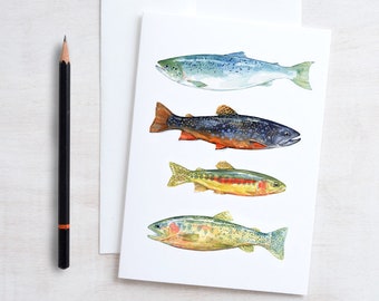 Fish Watercolor Art Card Fathers Day Card, Colorful Trout and Fly Fishing Card