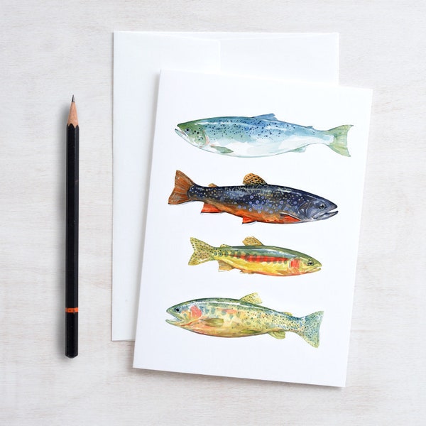Fish Watercolor Art Card Fathers Day Card, Colorful Trout and Fly Fishing Card