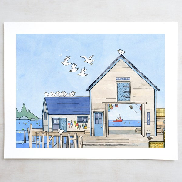 Lobster Fishing Dock Maine Fishing Town Nautical Art Print Kids Room Decor