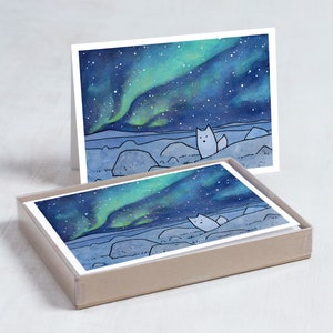Zestaw kartek Arctic Fox Northern Lights na święta Bożego Narodzenia