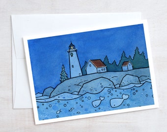 Whale Christmas Card Whimsical Nautical Lighthouse Holiday Card