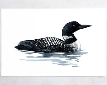 Loon Art Print Bird Watercolor Painting Coastal Wall Art, Lakehouse Decor