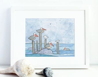 Pelicans in Rain Art Print Coastal Nursery Wall Art Ink and Watercolor Bird Illustration