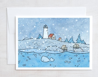 Coastal Christmas Card Snowy Lighthouse and Whale