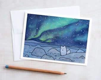 Northern Lights Card Arctic Fox Christmas Holiday Card