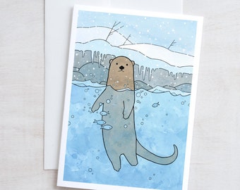 Otter Christmas Card Illustration Holiday Animal Stationery