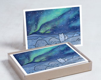 Arctic Fox Northern Lights Card Set Christmas Holiday Stationery