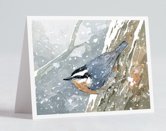 Nuthatch Bird in Snow Holiday Card Woodland Nature Christmas Notecard