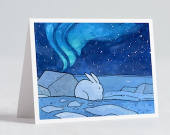 Snowshoe Hare and Northern Lights Card Illustrated Winter Stationery