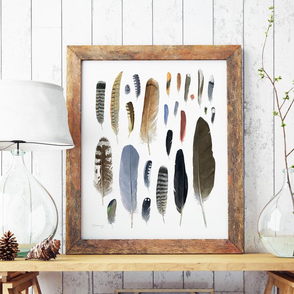 Große Federn Aquarell Druck Rustikale Natur Wandkunst Naturgeschichte Kunst