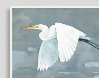 Great Egret Print Large Bird Watercolor Painting,Coastal Bird Art