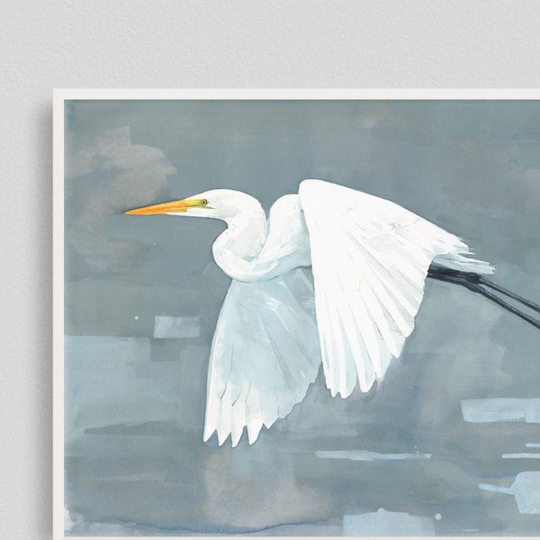 Grande aigrette imprimée grand oiseau aquarelle, art oiseaux côtiers