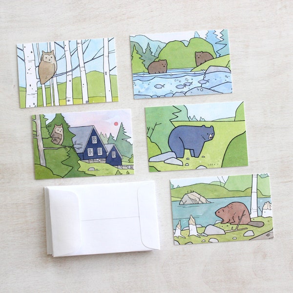 Small Gift Note Cards Summer Woodland Animals Set