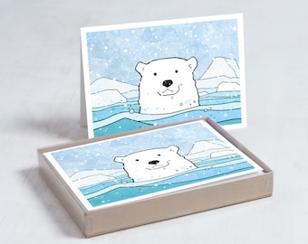 Polar Bear Holiday Card Set  10 Illustrated Cards Winter Animal Stationery Christmas Cards